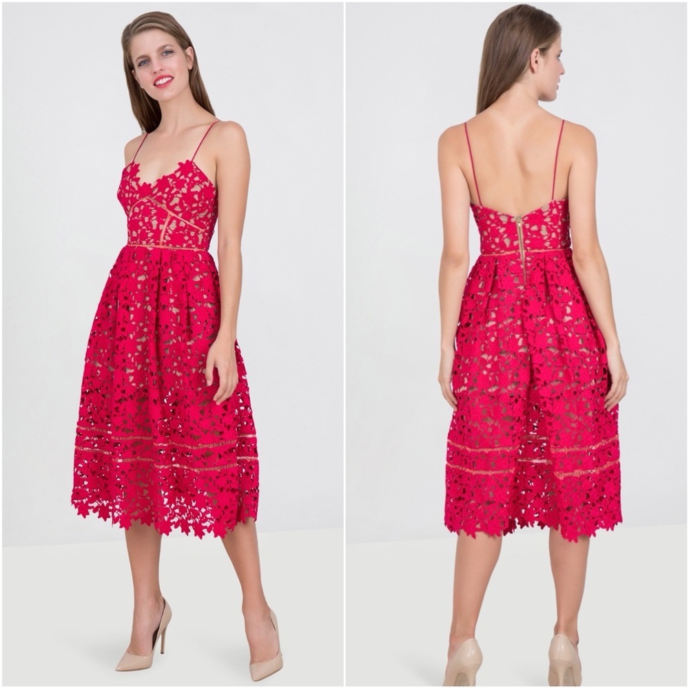 Self-Portrait Dress Azaelea Flared Lace Midi Guipure Hot Pink Sz US 4 NWT New